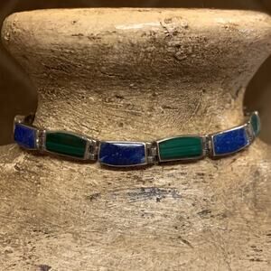 950 Silver, Lapis and Malachite Inlayed Bracelet Vintage